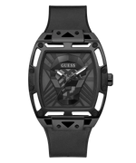 GUESS MEN BLACK CASE BLACK GENUINE LEATHER/SILICONE WATCH