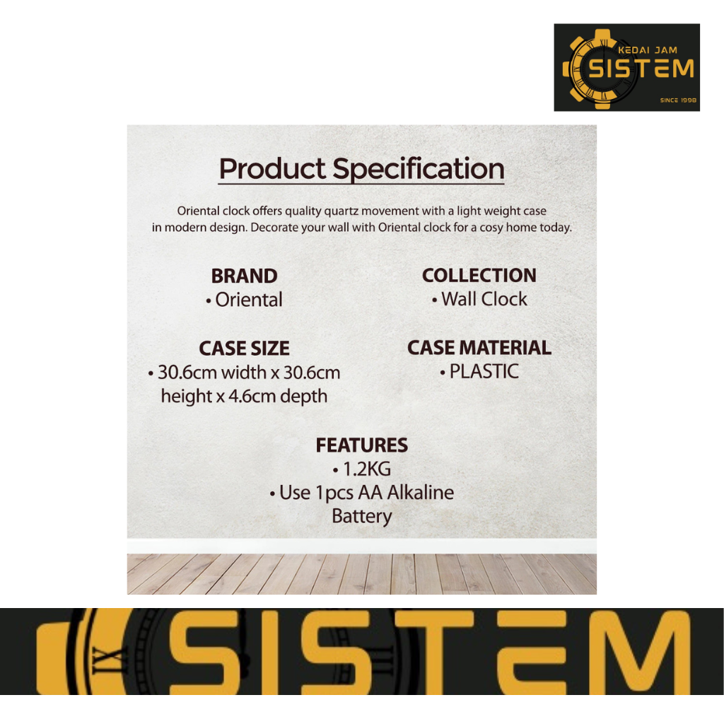 ORIENTAL Analog Wall Clock Numeric Quartz Silent Sweep Second Movement Jam Dinding Hiasan Bulat OTC014
