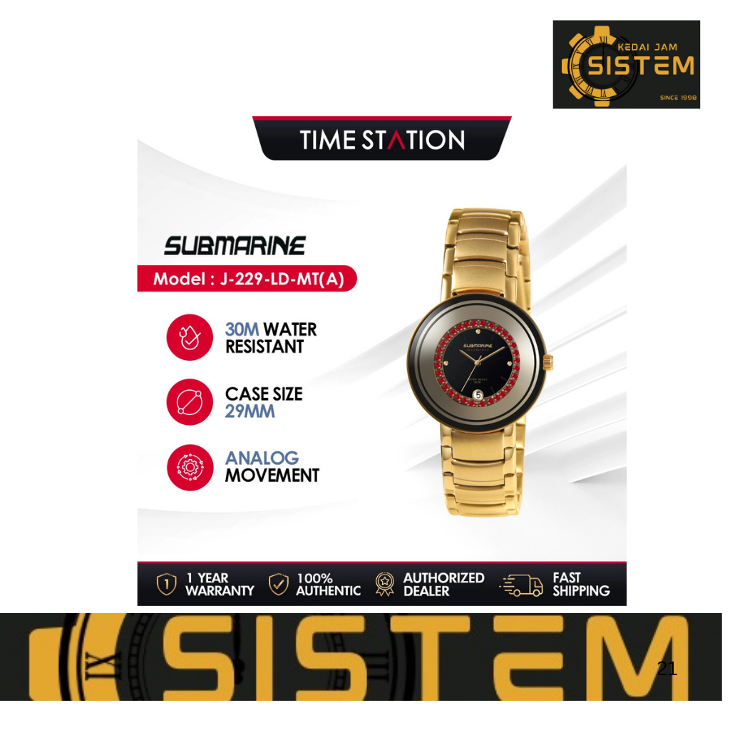 SUBMARINE Fashion Analog Couple Watch Stainless Steel 30MWaterproof Red Diamond Jam Lelaki Jam Perempuan Jam CoupleJ-229