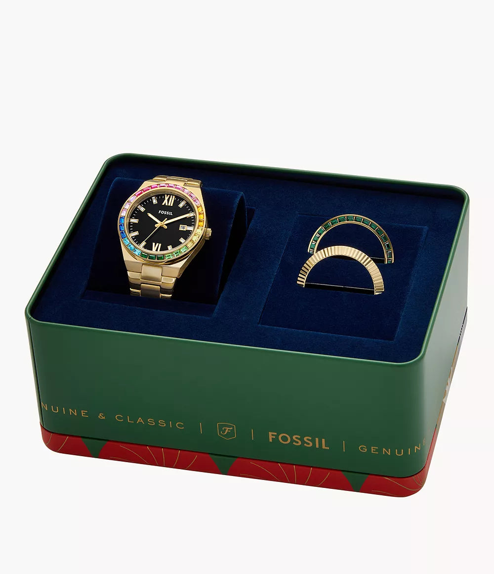 Fossil Scarlette Three-Hand Date Gold-Tone Stainless Steel Watch and Topring Box Set