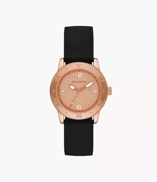 Skechers Redondo Watch with Silicone Strap and Metal Case, Black and Rose Gold Tone SR6275