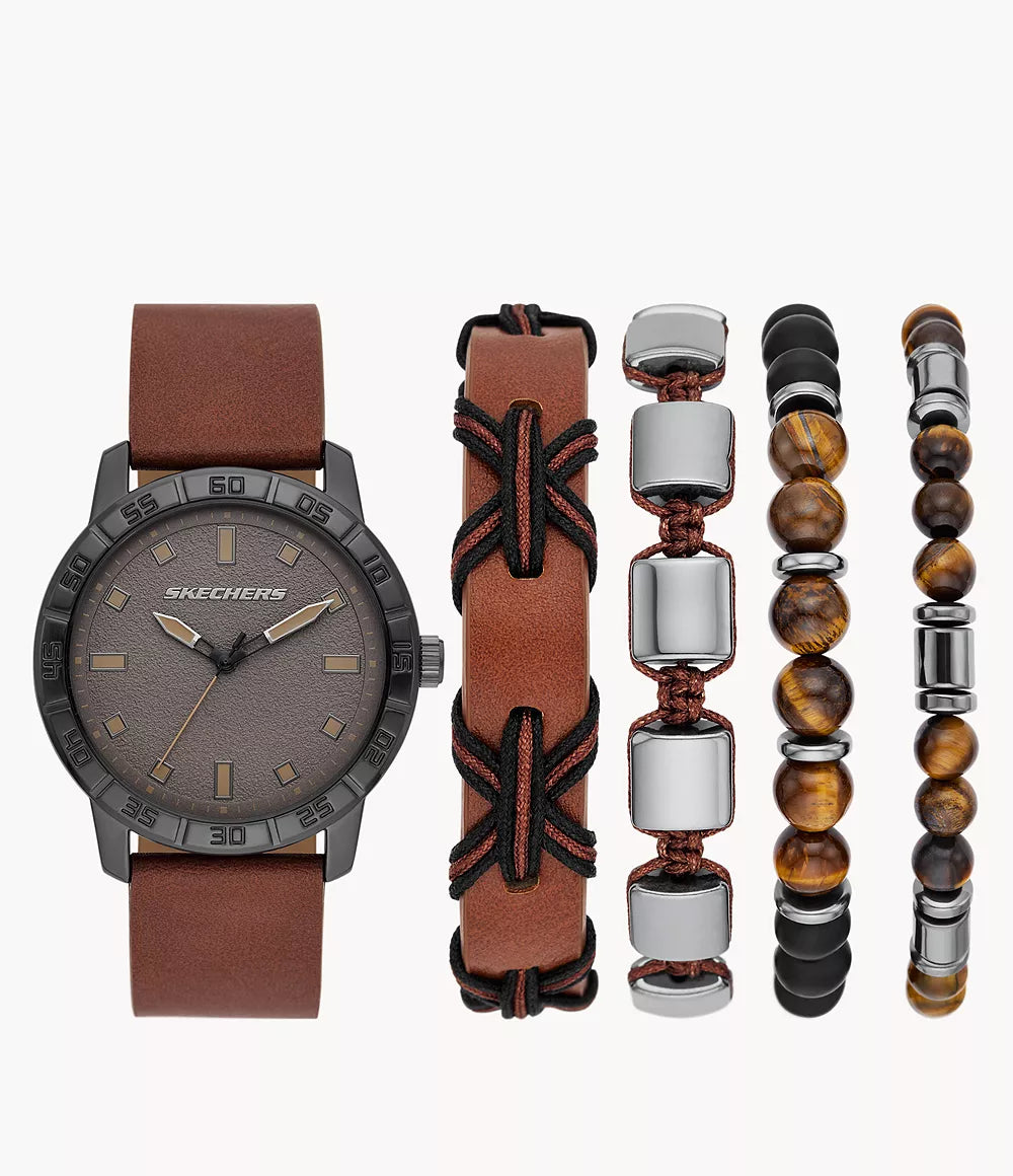 Skechers Men's Gift Sets Watch with Cognac Strap and Gunmetal Case with Bracelet Accessories SR9090