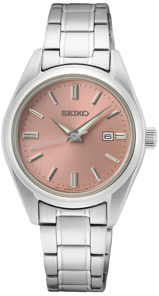 Seiko SUR529P1 Analog Quartz Salmon Dial Sapphire Crystal Glass Stainless Steel Women's Watch