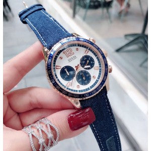 GUESS W0970G3 MEN'S CHRONOGRAPH QUARTZ ROSE GOLD BLUE LEATHER