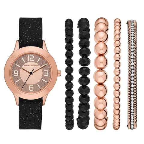 Skechers QUARTZ ROSE GOLD-TONE DIAL BLACK SILICONE WATCH + BRACELETS GIFT SET SR9025