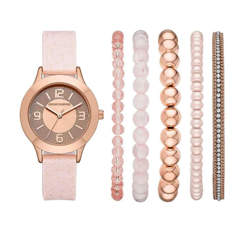 Skechers QUARTZ ROSE GOLD-TONE DIAL PINK SILICONE WATCH + BRACELETS GIFT SET SR9024